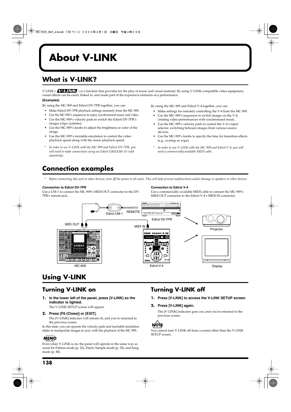 About v-link, What is v-link, Connection examples | Using v-link, Turning v-link on, Turning v-link off, What is v-link? connection examples using v-link, Turning v-link on turning v-link off | Roland MC-909 User Manual | Page 138 / 180