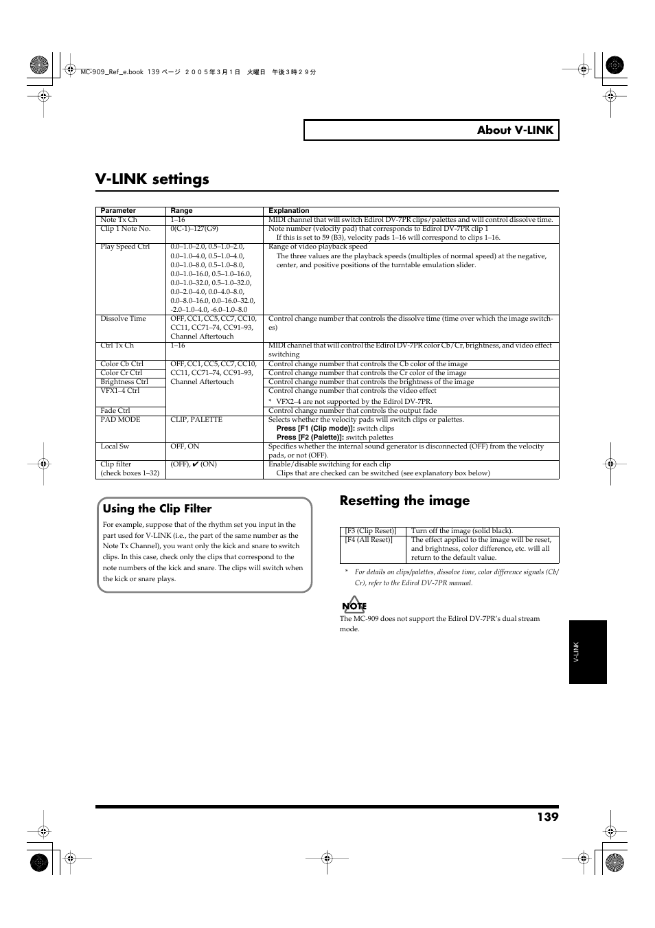 V-link settings, Resetting the image, 139 about v-link | Using the clip filter | Roland MC-909 User Manual | Page 139 / 180