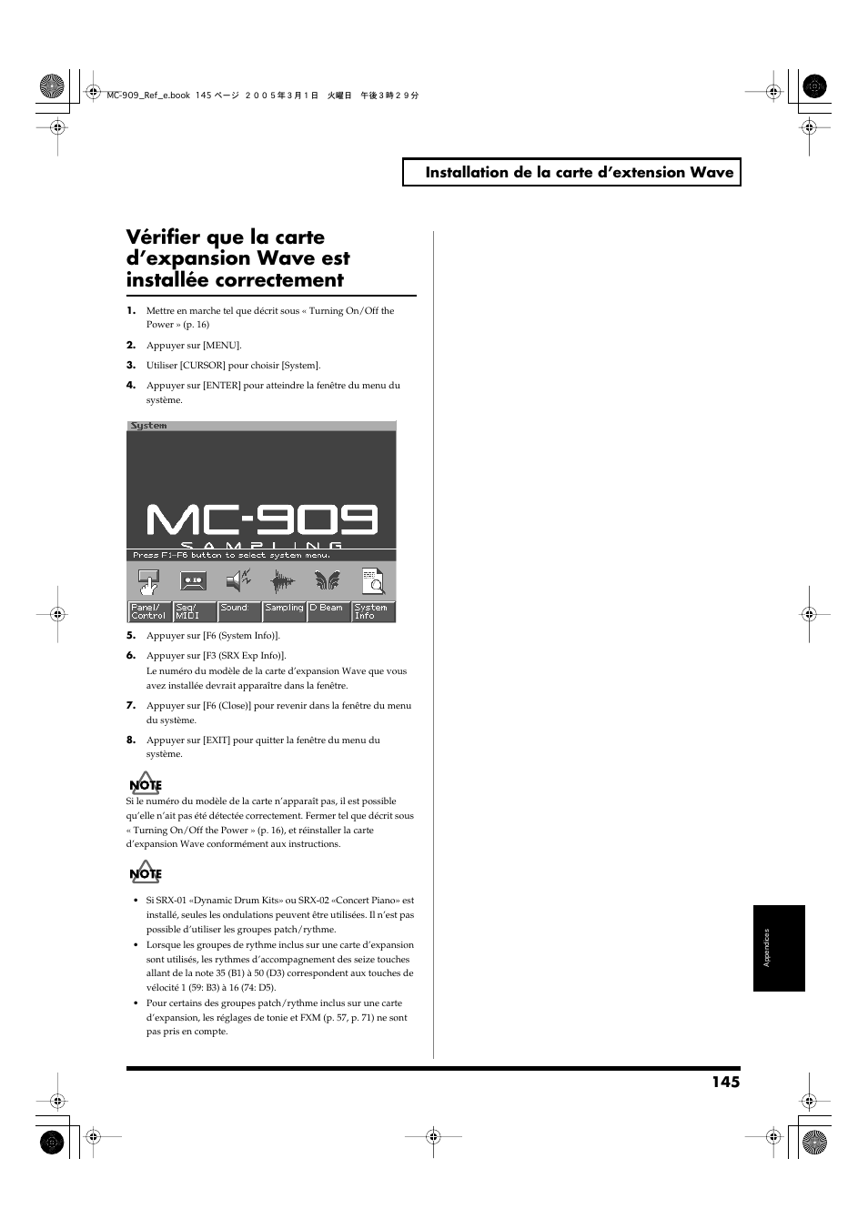 145 installation de la carte d’extension wave | Roland MC-909 User Manual | Page 145 / 180