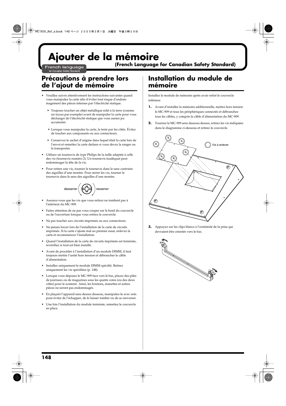 Ajouter de la mémoire, Précautions à prendre lors de l’ajout de mémoire, Installation du module de mémoire | French language for canadian safety standard) | Roland MC-909 User Manual | Page 148 / 180