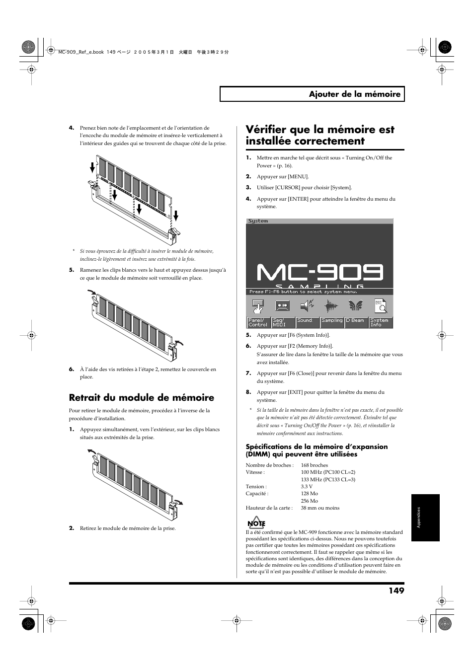 Retrait du module de mémoire, Vérifier que la mémoire est installée correctement, 149 ajouter de la mémoire | Roland MC-909 User Manual | Page 149 / 180