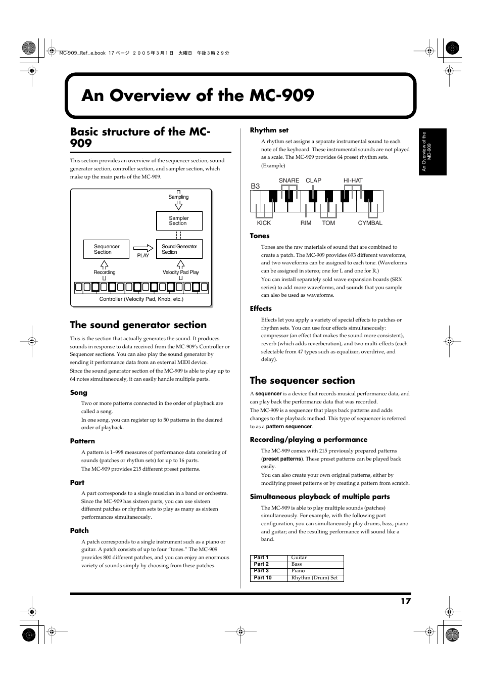 An overview of the mc-909, Basic structure of the mc- 909, The sound generator section | The sequencer section, Basic structure of the mc-909, The sound generator section the sequencer section | Roland MC-909 User Manual | Page 17 / 180