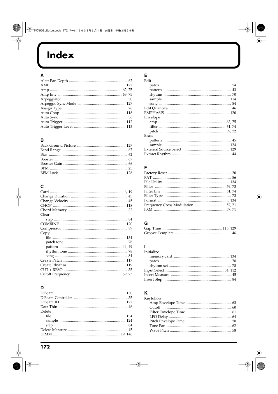 Index | Roland MC-909 User Manual | Page 172 / 180