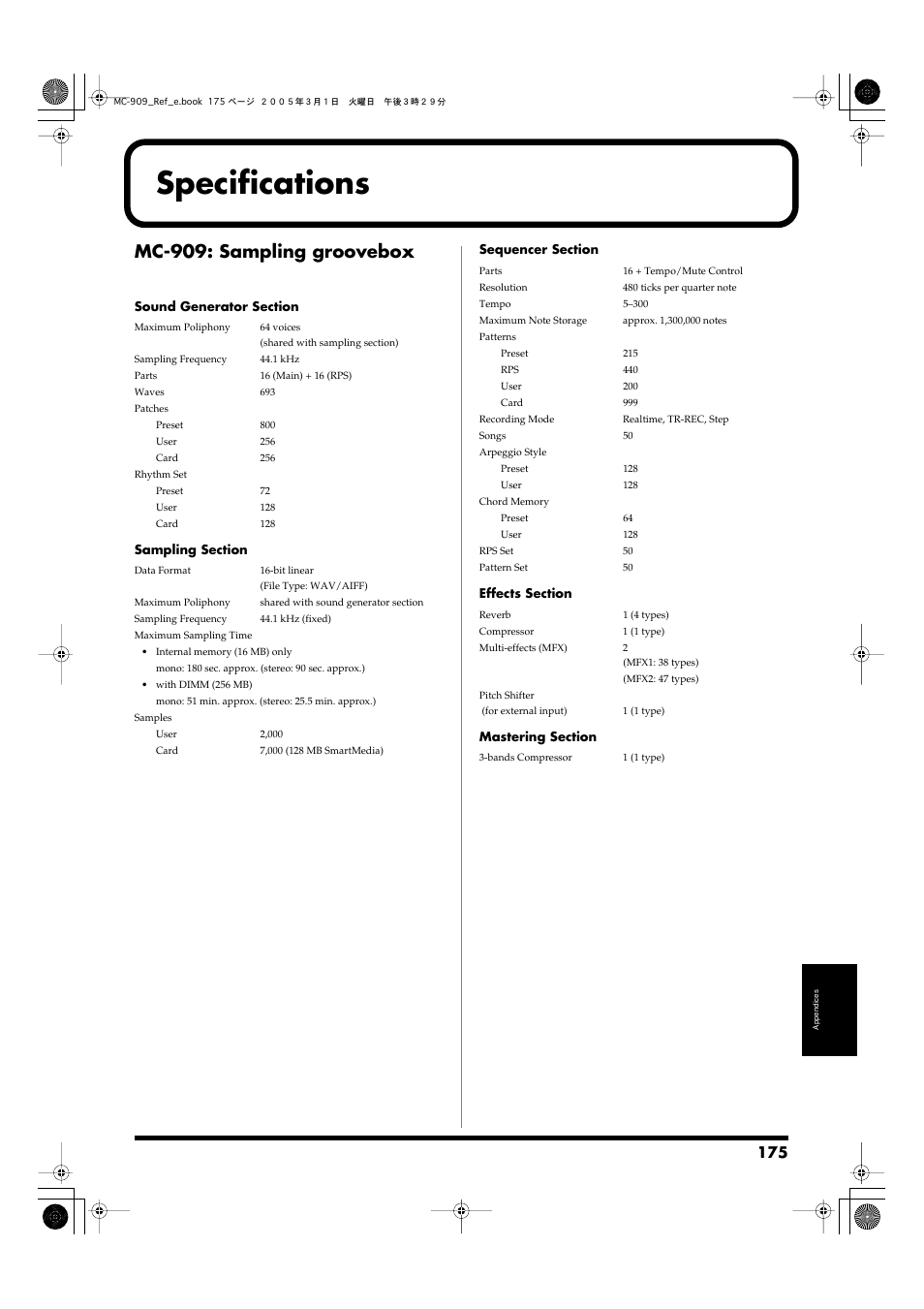 Specifications, Mc-909: sampling groovebox | Roland MC-909 User Manual | Page 175 / 180