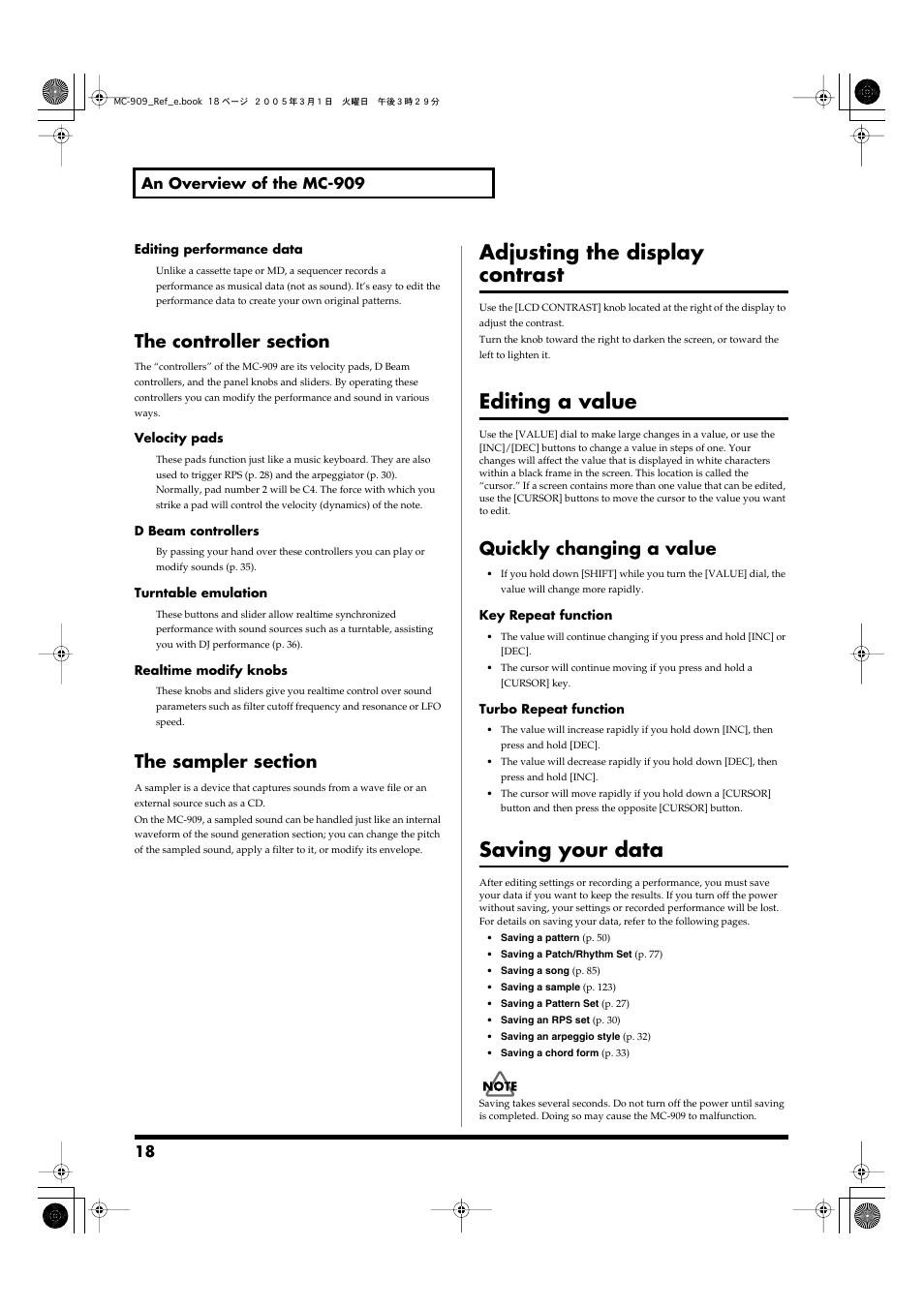 The controller section, The sampler section, Adjusting the display contrast | Editing a value, Quickly changing a value, Saving your data, The controller section the sampler section, Adjusting the display contrast editing a value | Roland MC-909 User Manual | Page 18 / 180