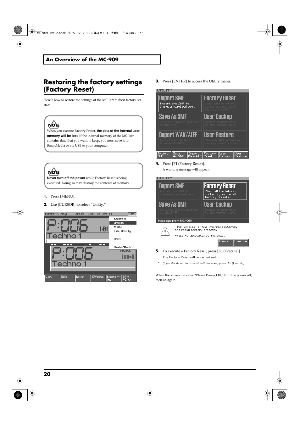 Restoring the factory settings (factory reset) | Roland MC-909 User Manual | Page 20 / 180