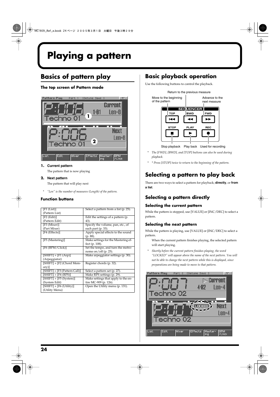 Playing a pattern, Basics of pattern play, Basic playback operation | Selecting a pattern to play back, Plays a pattern (p. 24), Selecting a pattern directly | Roland MC-909 User Manual | Page 24 / 180