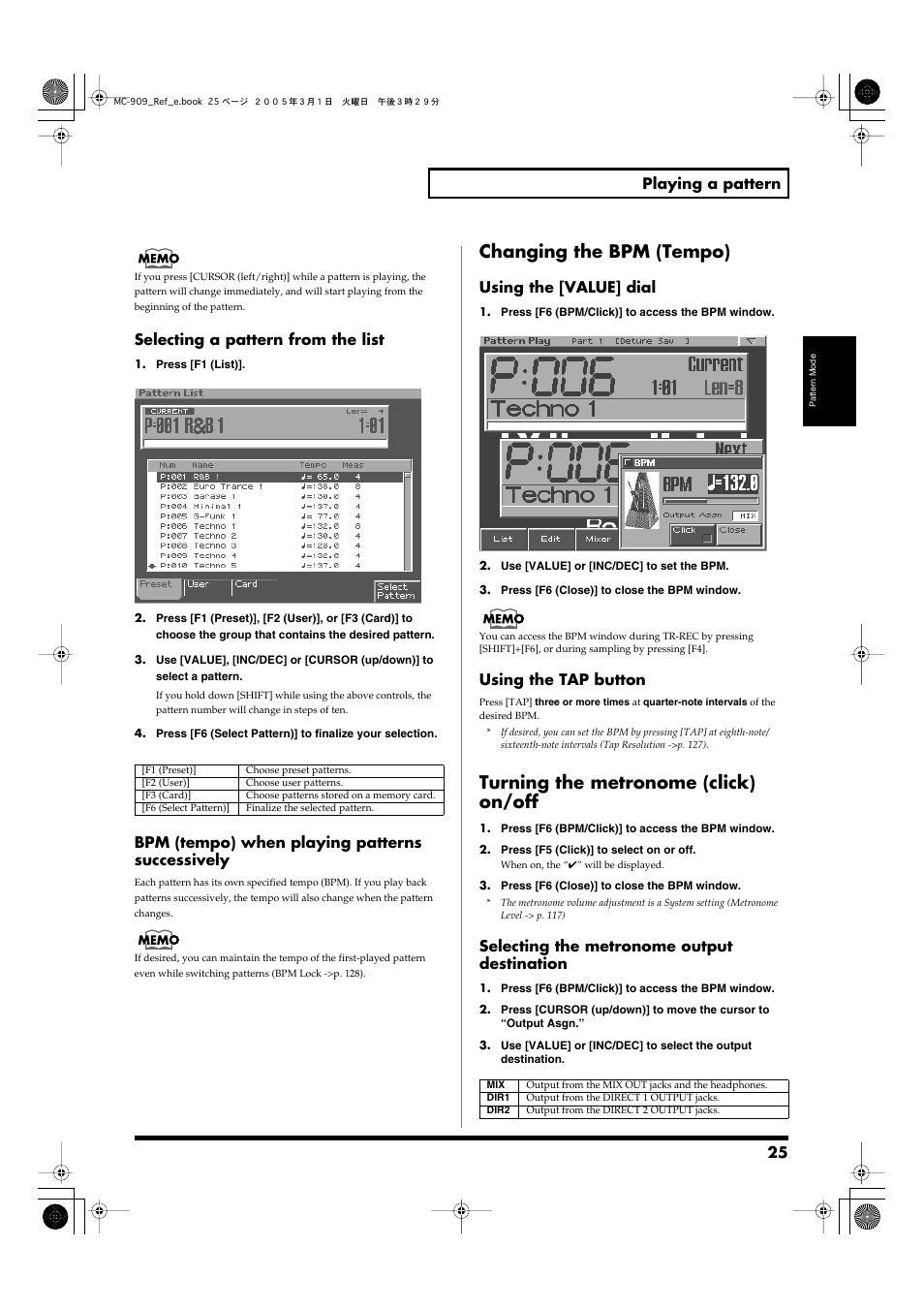 Changing the bpm (tempo), Turning the metronome (click) on/off, This button (p. 25) | Timing (p. 25), Select a pattern from a list (p. 25), Nome on/off (p. 25), 25 playing a pattern, Selecting a pattern from the list, Bpm (tempo) when playing patterns successively, Using the [value] dial | Roland MC-909 User Manual | Page 25 / 180