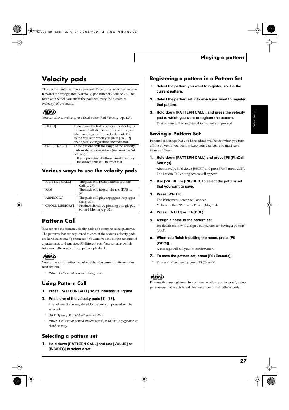 Velocity pads, Pattern call, Saving a pattern set | P. 27), Select a pattern set (p. 27), 27 playing a pattern, Various ways to use the velocity pads, Using pattern call, Selecting a pattern set, Registering a pattern in a pattern set | Roland MC-909 User Manual | Page 27 / 180