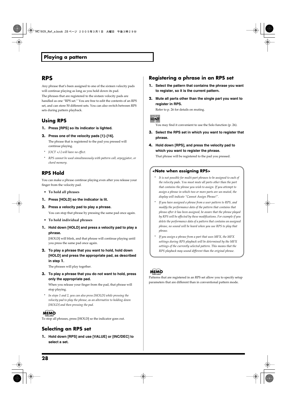 The pads will trigger phrases (rps, p. 28), 28 playing a pattern, Using rps | Rps hold, Selecting an rps set, Registering a phrase in an rps set | Roland MC-909 User Manual | Page 28 / 180