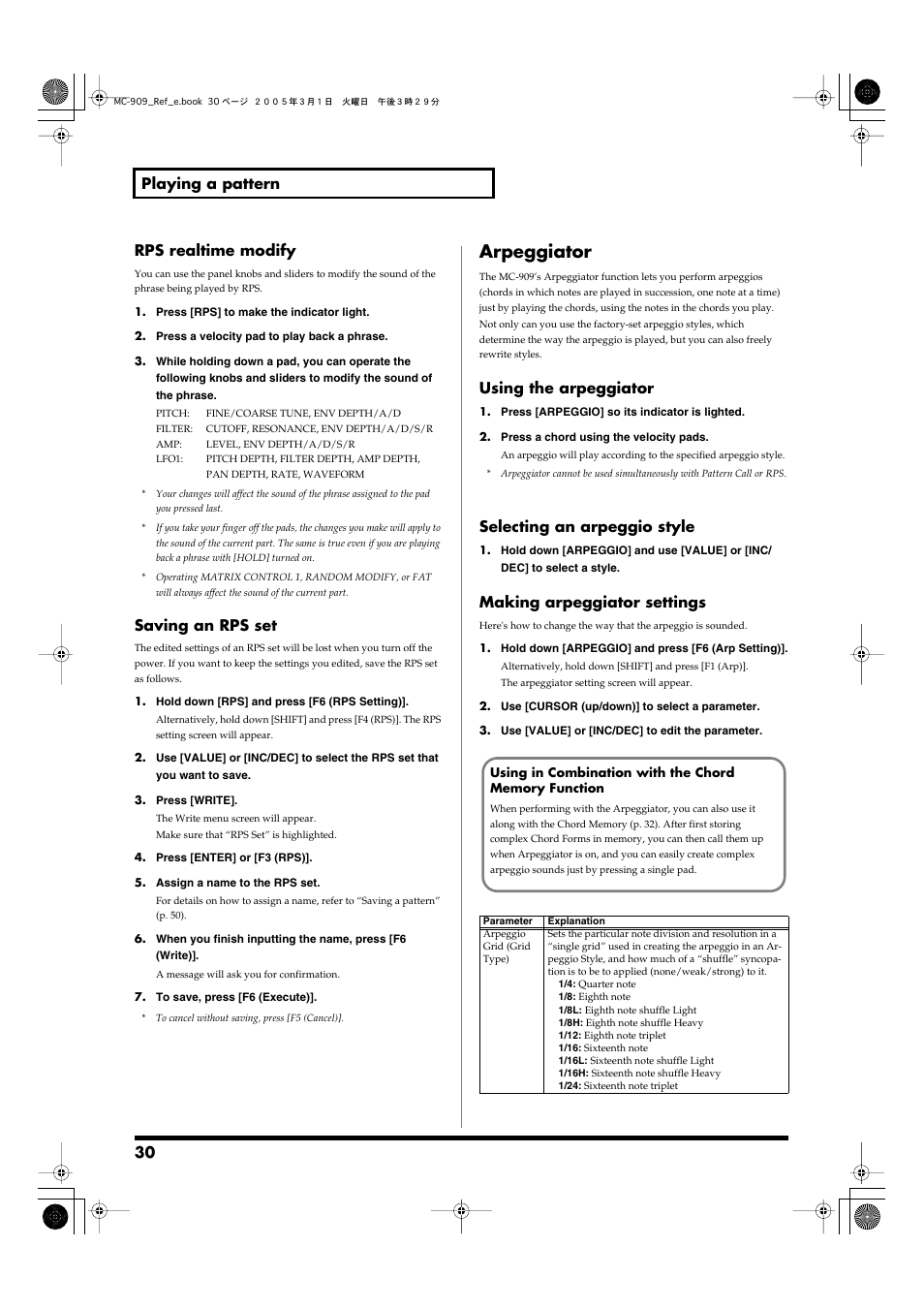 Arpeggiator, Saving an rps set, P. 30) | Make arpeggiator settings (p. 30), Tor, p. 30), 30 playing a pattern rps realtime modify, Using the arpeggiator, Selecting an arpeggio style, Making arpeggiator settings | Roland MC-909 User Manual | Page 30 / 180