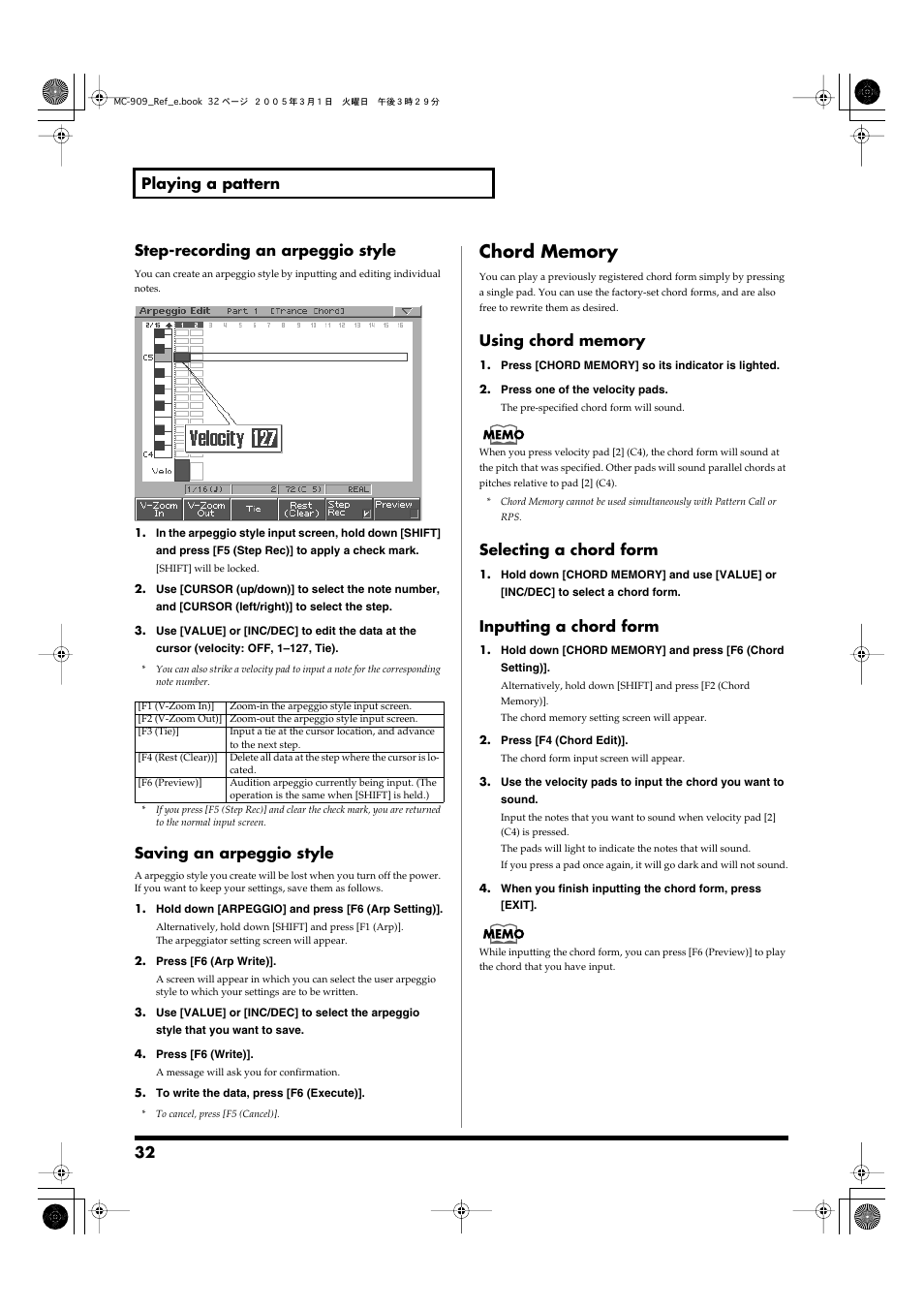 Chord memory, Saving an arpeggio style, P. 32) | Register chords (p. 32), Chord memory, p. 32), Selecting a chord form, Inputting a chord form | Roland MC-909 User Manual | Page 32 / 180