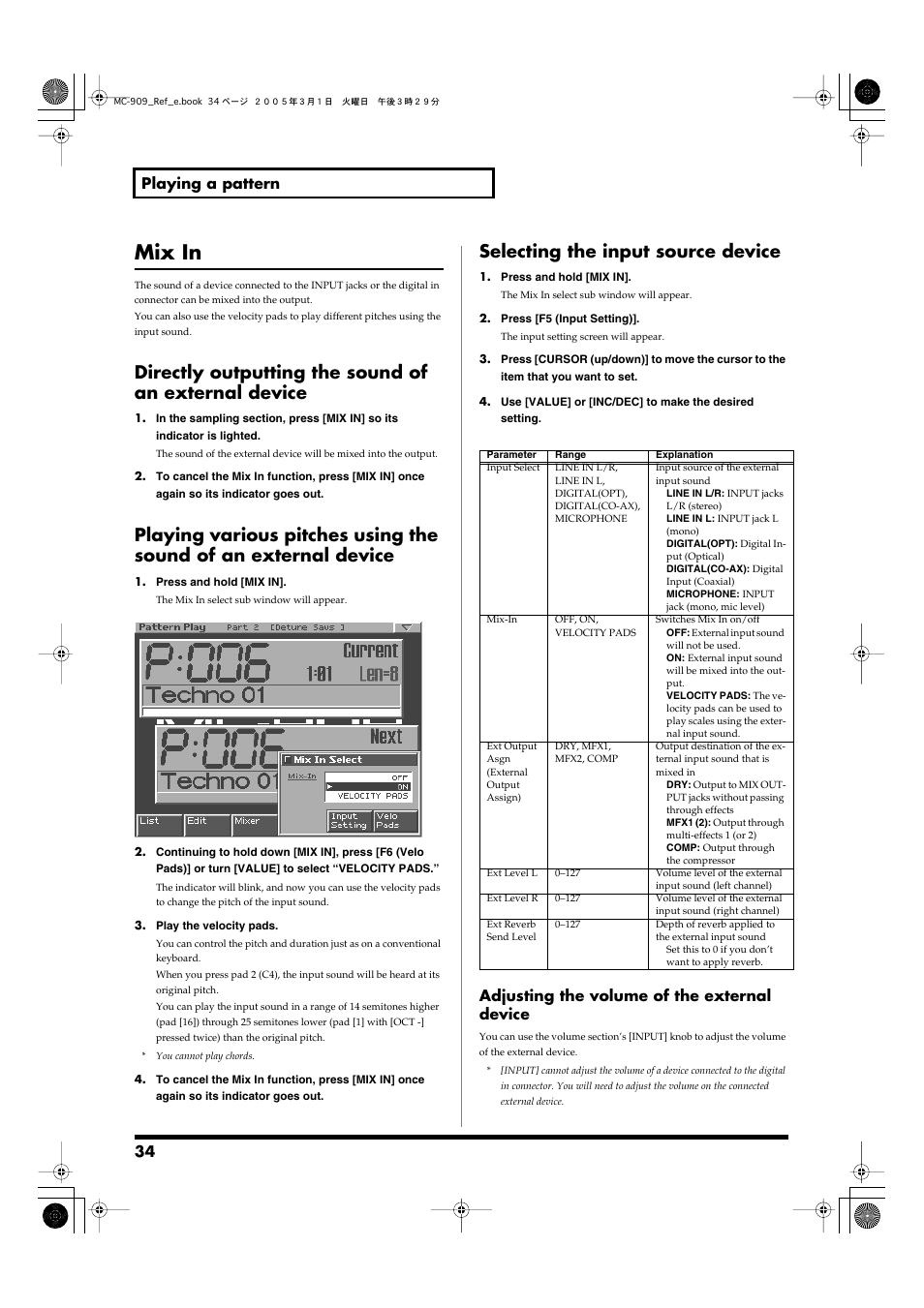 Mix in, Selecting the input source device, Select (p. 34) to “microphone | Put jack into the output (p. 34), 34 playing a pattern, Adjusting the volume of the external device | Roland MC-909 User Manual | Page 34 / 180