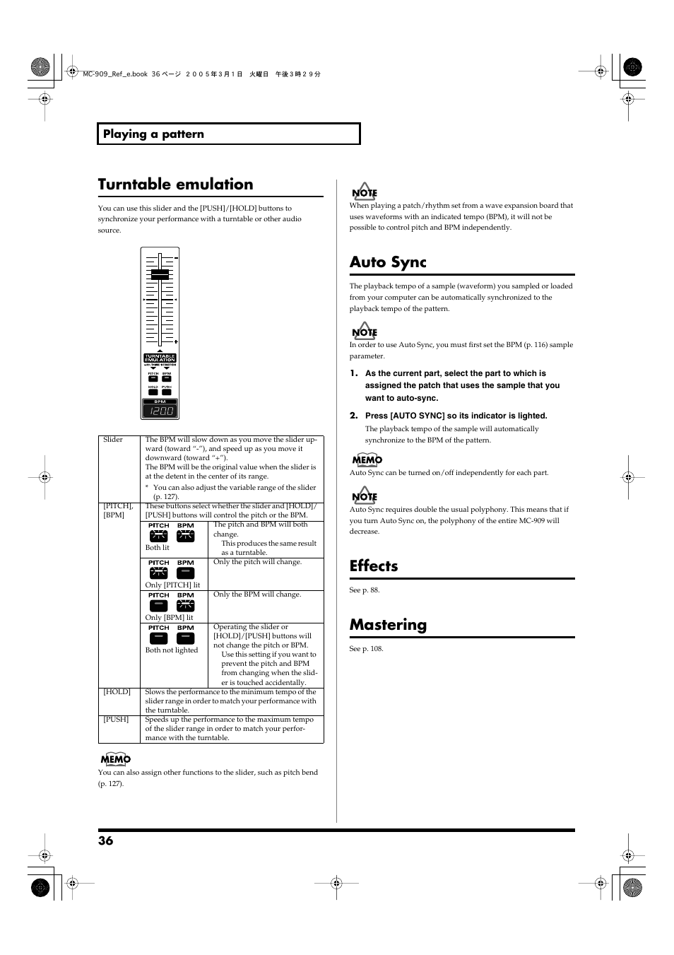 Turntable emulation, Auto sync, Effects | Mastering, Turntable emulation auto sync effects mastering, P. 36), You with dj performance (p. 36), Speed of a turntable (p. 36), Pattern (p. 36), Auto sync on/off * (p. 36) | Roland MC-909 User Manual | Page 36 / 180