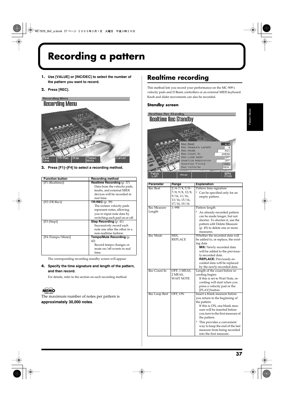 Recording a pattern, Realtime recording, Used when recording (p. 37) | Roland MC-909 User Manual | Page 37 / 180