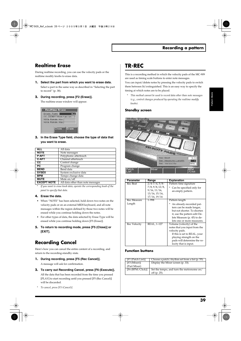 Realtime erase, Recording cancel, Tr-rec | Realtime erase recording cancel, P. 39), 39 recording a pattern | Roland MC-909 User Manual | Page 39 / 180