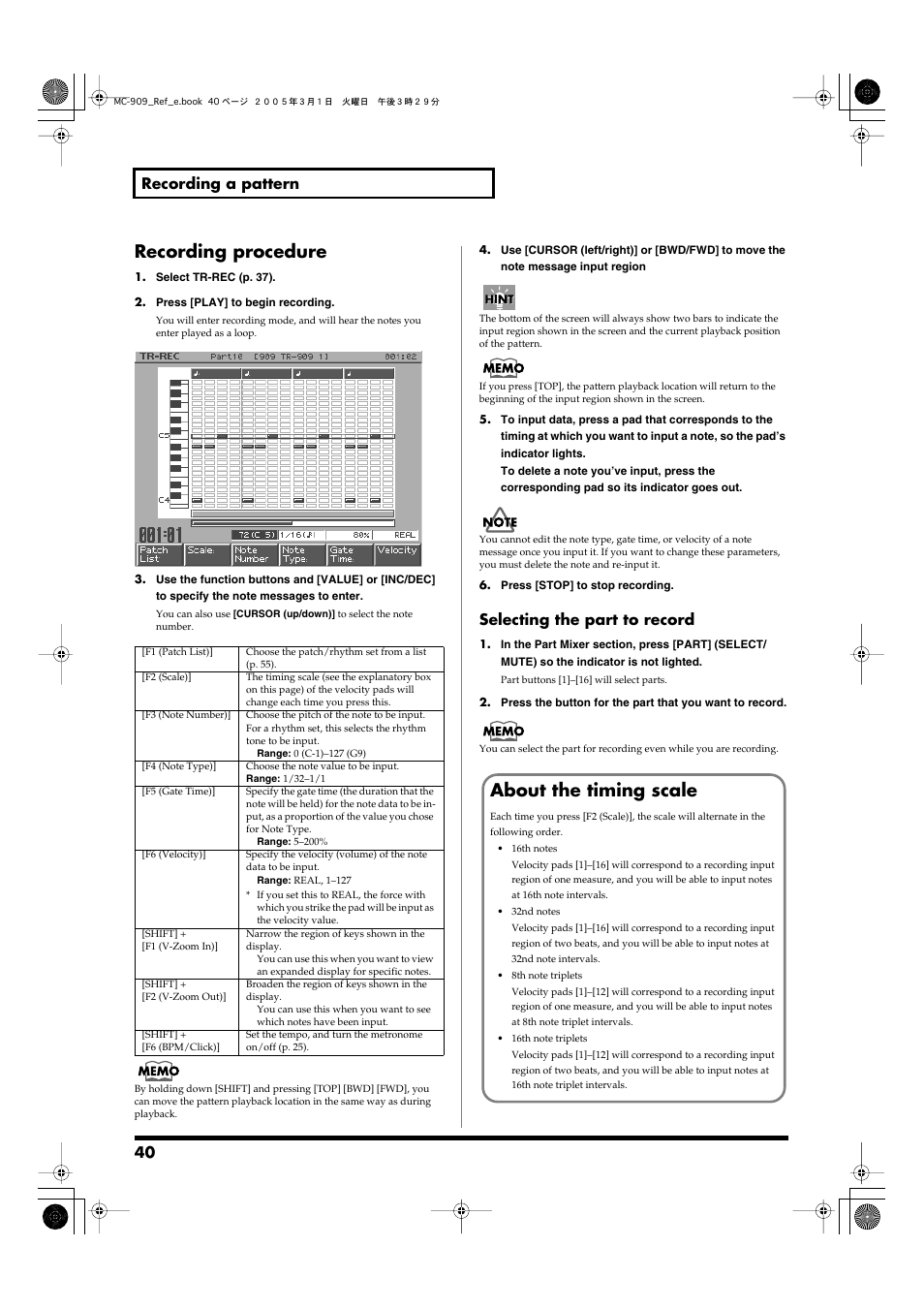 Recording procedure, About the timing scale, Recording procedure about the timing scale | 40 recording a pattern, Selecting the part to record | Roland MC-909 User Manual | Page 40 / 180