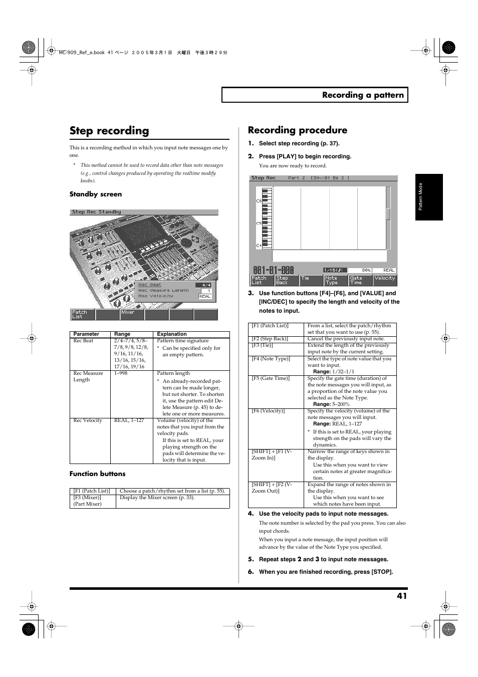 Step recording, Recording procedure, P. 41) | 41 recording a pattern | Roland MC-909 User Manual | Page 41 / 180