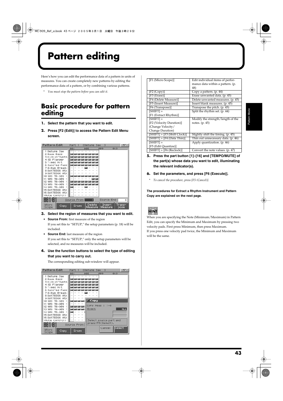 Pattern editing, Basic procedure for pattern editing, Edit the settings of a pattern (p. 43) | Roland MC-909 User Manual | Page 43 / 180