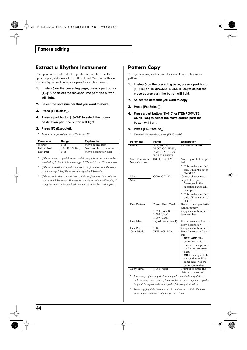 Extract a rhythm instrument, Pattern copy, Extract a rhythm instrument pattern copy | Copy a pattern. (p. 44), Split the rhythm set. (p. 44), 44 pattern editing | Roland MC-909 User Manual | Page 44 / 180