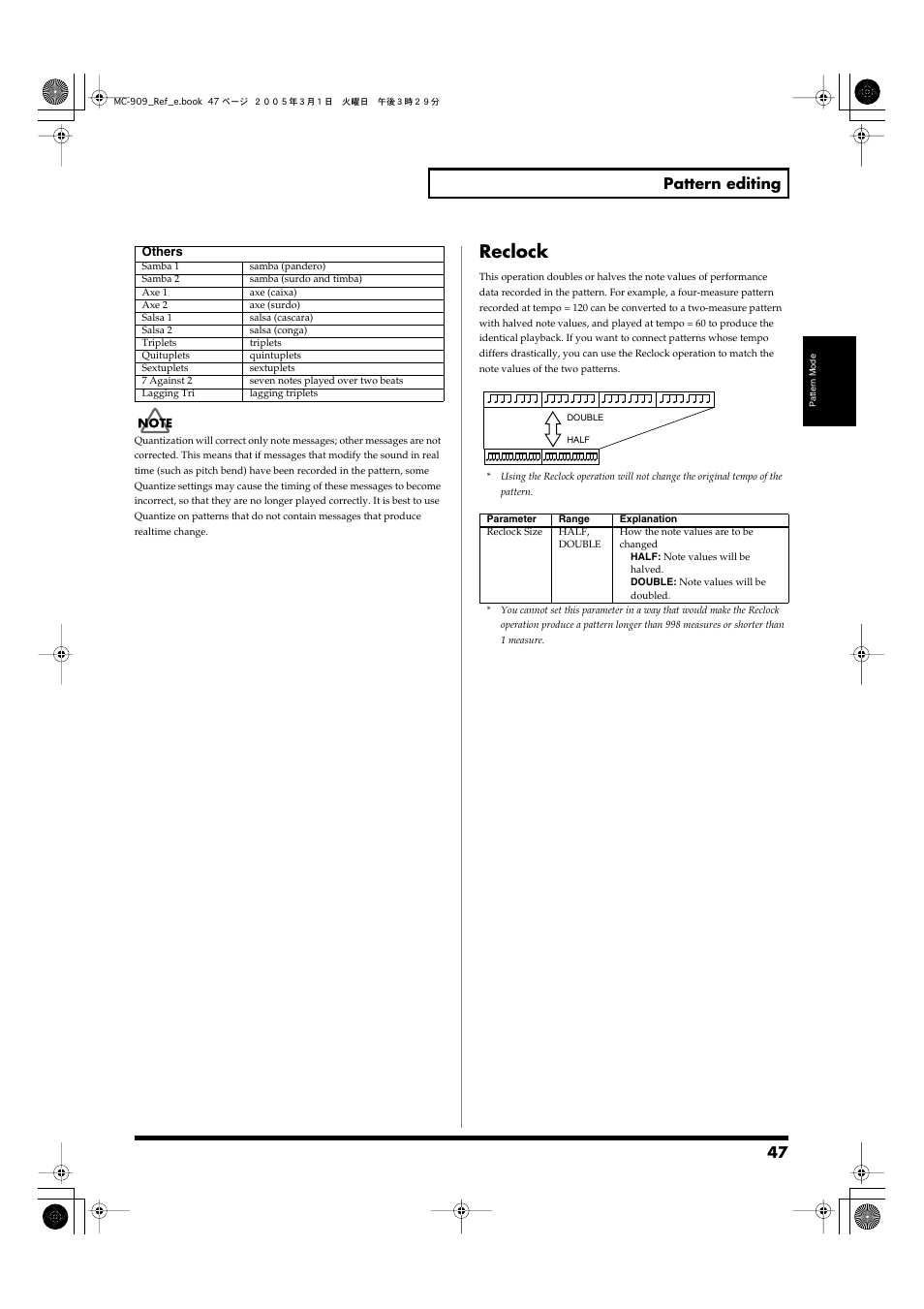 Reclock, Convert the note values. (p. 47), 47 pattern editing | Roland MC-909 User Manual | Page 47 / 180