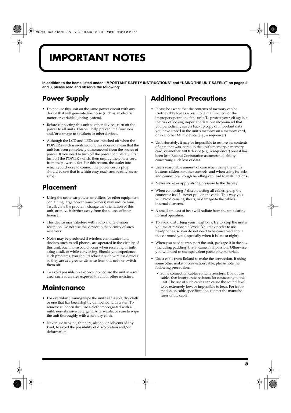 Important notes, Power supply, Placement | Maintenance, Additional precautions | Roland MC-909 User Manual | Page 5 / 180