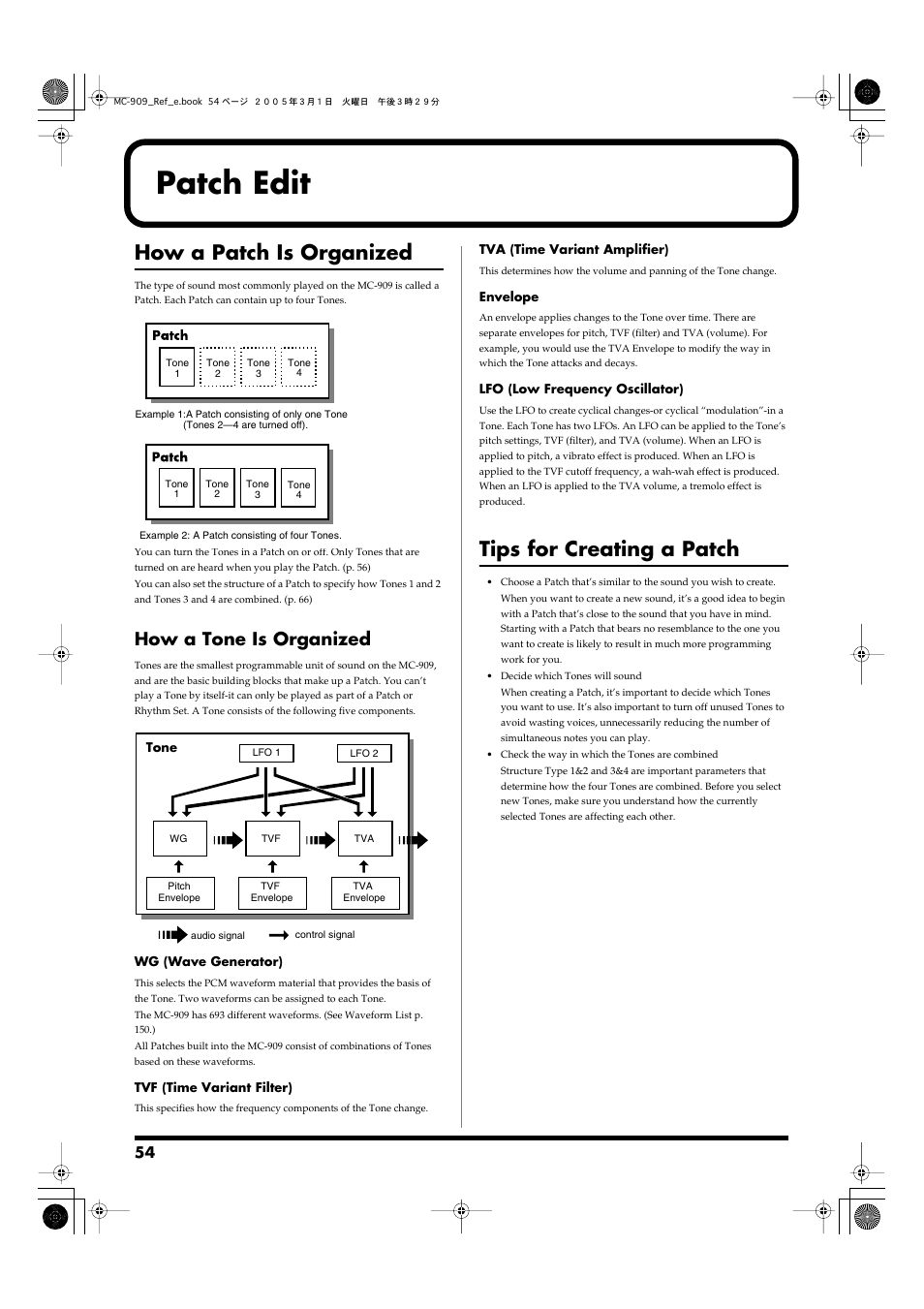 Patch edit, How a patch is organized, How a tone is organized | Tips for creating a patch | Roland MC-909 User Manual | Page 54 / 180