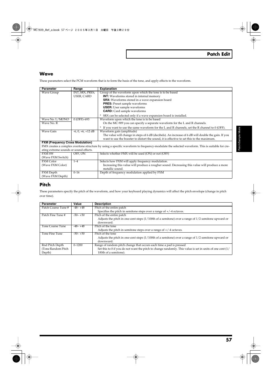 Patch fine tune (p. 57), Patch coarse tune (p. 57), 57 patch edit | Wave, Pitch | Roland MC-909 User Manual | Page 57 / 180