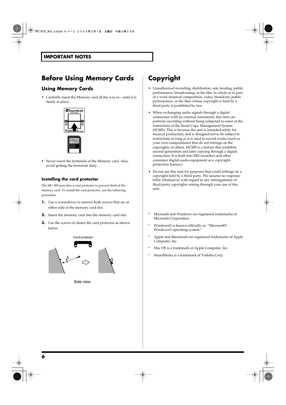 Copyright | Roland MC-909 User Manual | Page 6 / 180