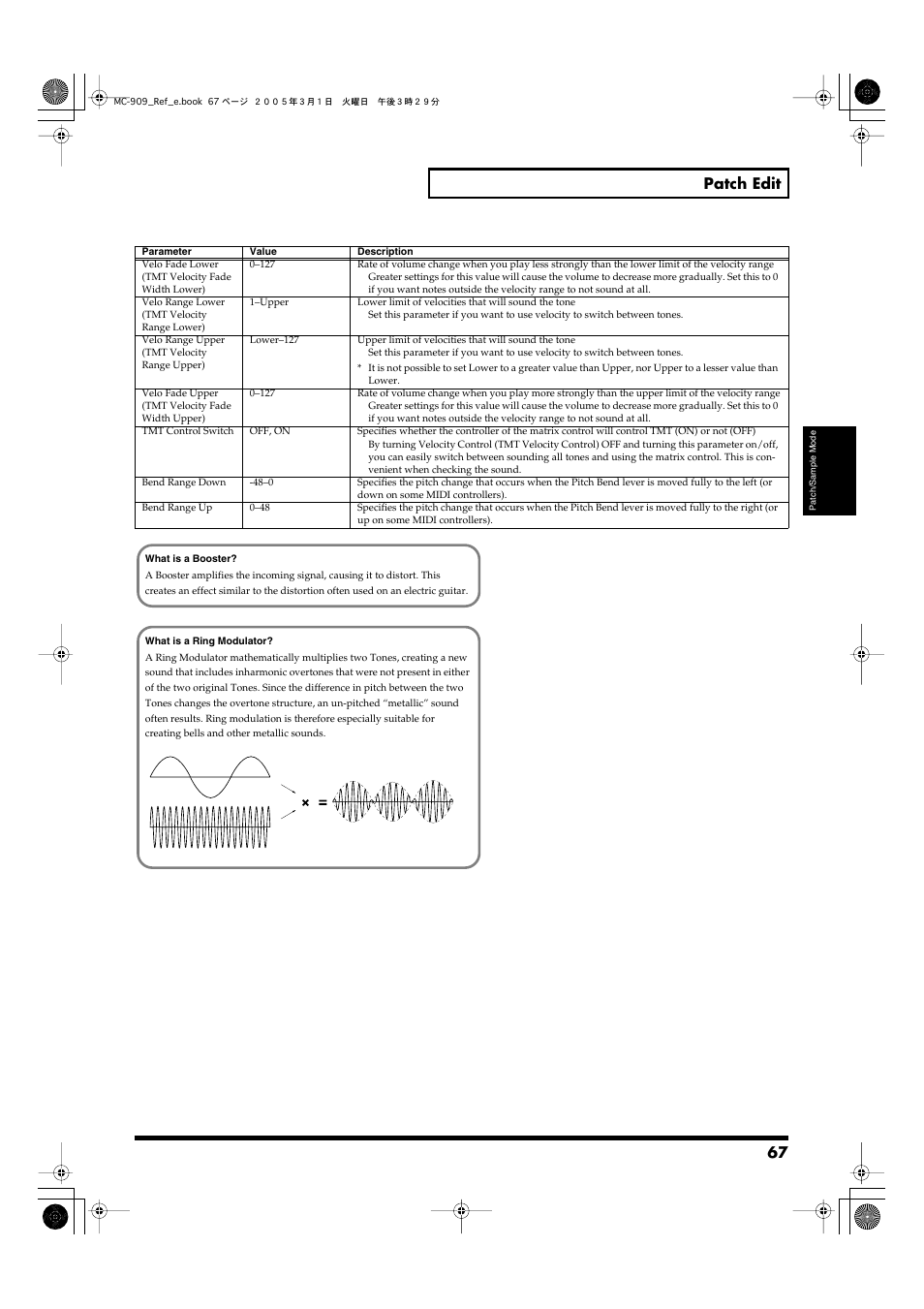 67 patch edit | Roland MC-909 User Manual | Page 67 / 180