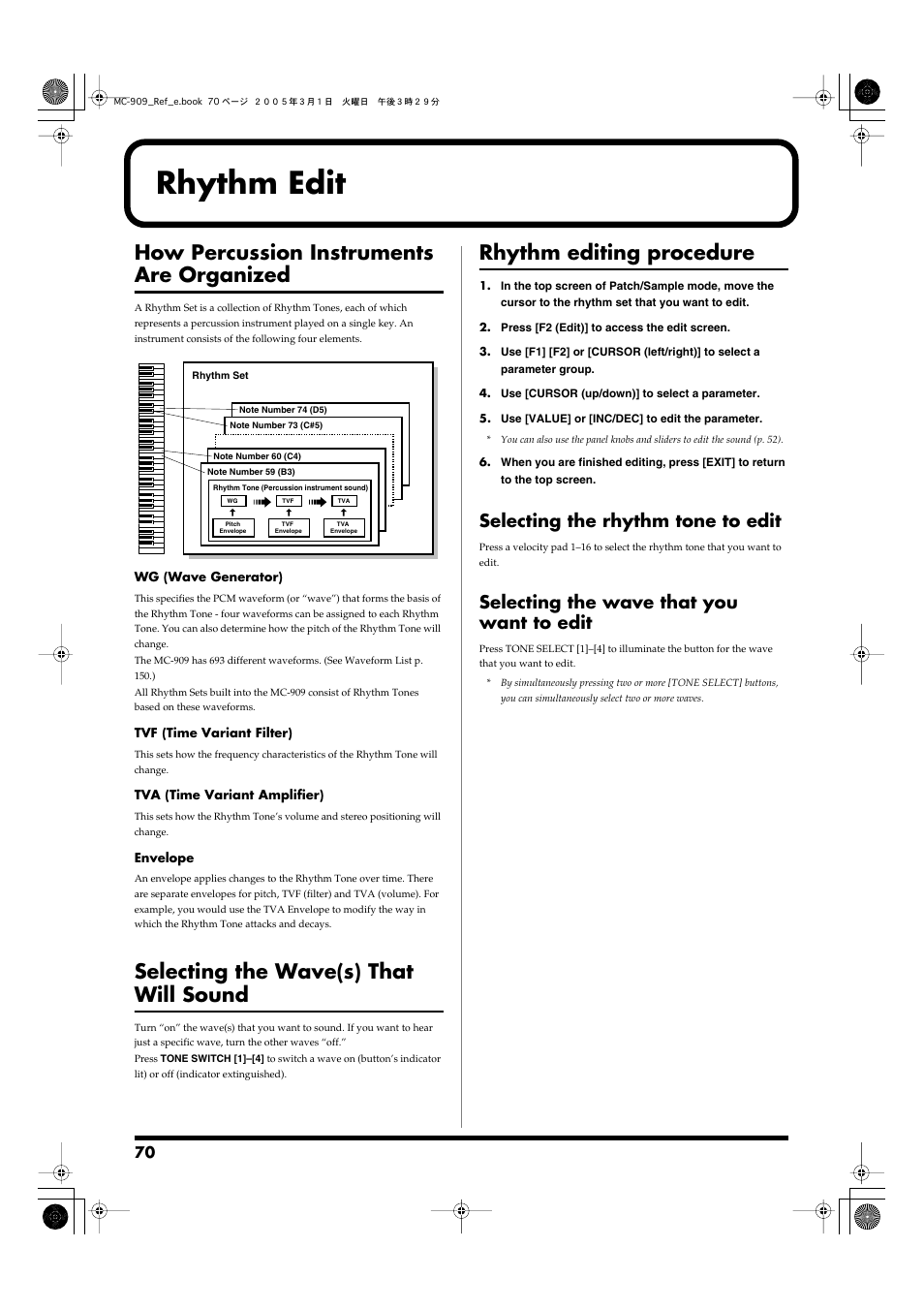 Rhythm edit, How percussion instruments are organized, Selecting the wave(s) that will sound | Rhythm editing procedure, Selecting the rhythm tone to edit, Selecting the wave that you want to edit, P. 70) | Roland MC-909 User Manual | Page 70 / 180