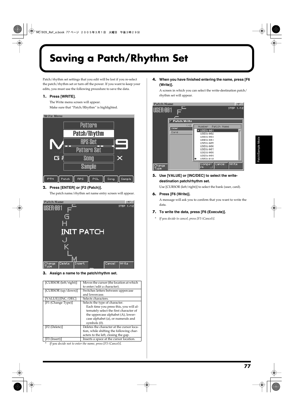 Saving a patch/rhythm set, P. 77) | Roland MC-909 User Manual | Page 77 / 180