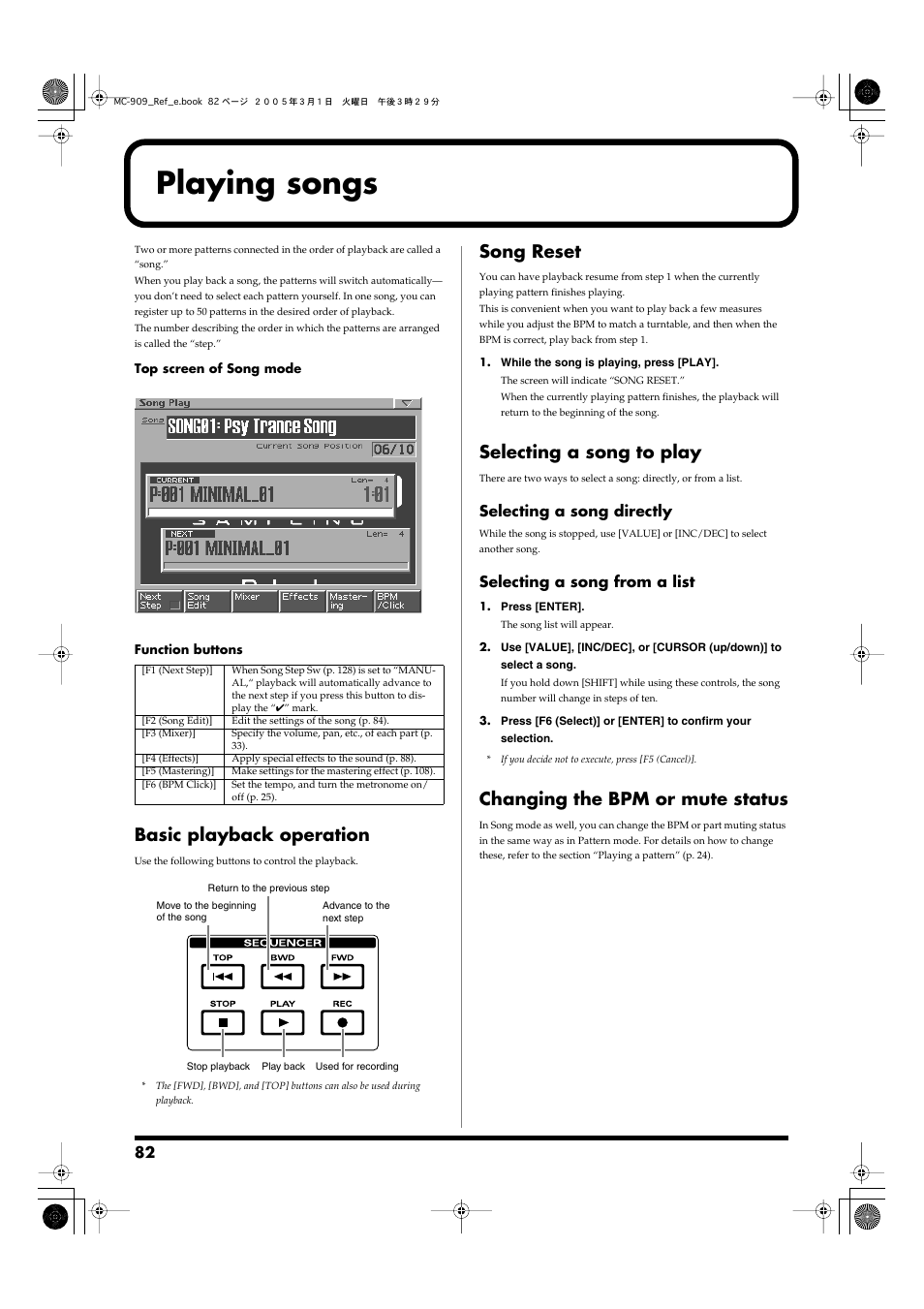 Playing songs, Basic playback operation, Song reset | Selecting a song to play, Changing the bpm or mute status, Plays a song (p. 82) | Roland MC-909 User Manual | Page 82 / 180