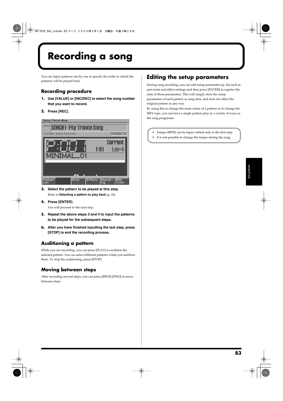 Recording a song, Editing the setup parameters, Used when recording (p. 83) | Roland MC-909 User Manual | Page 83 / 180