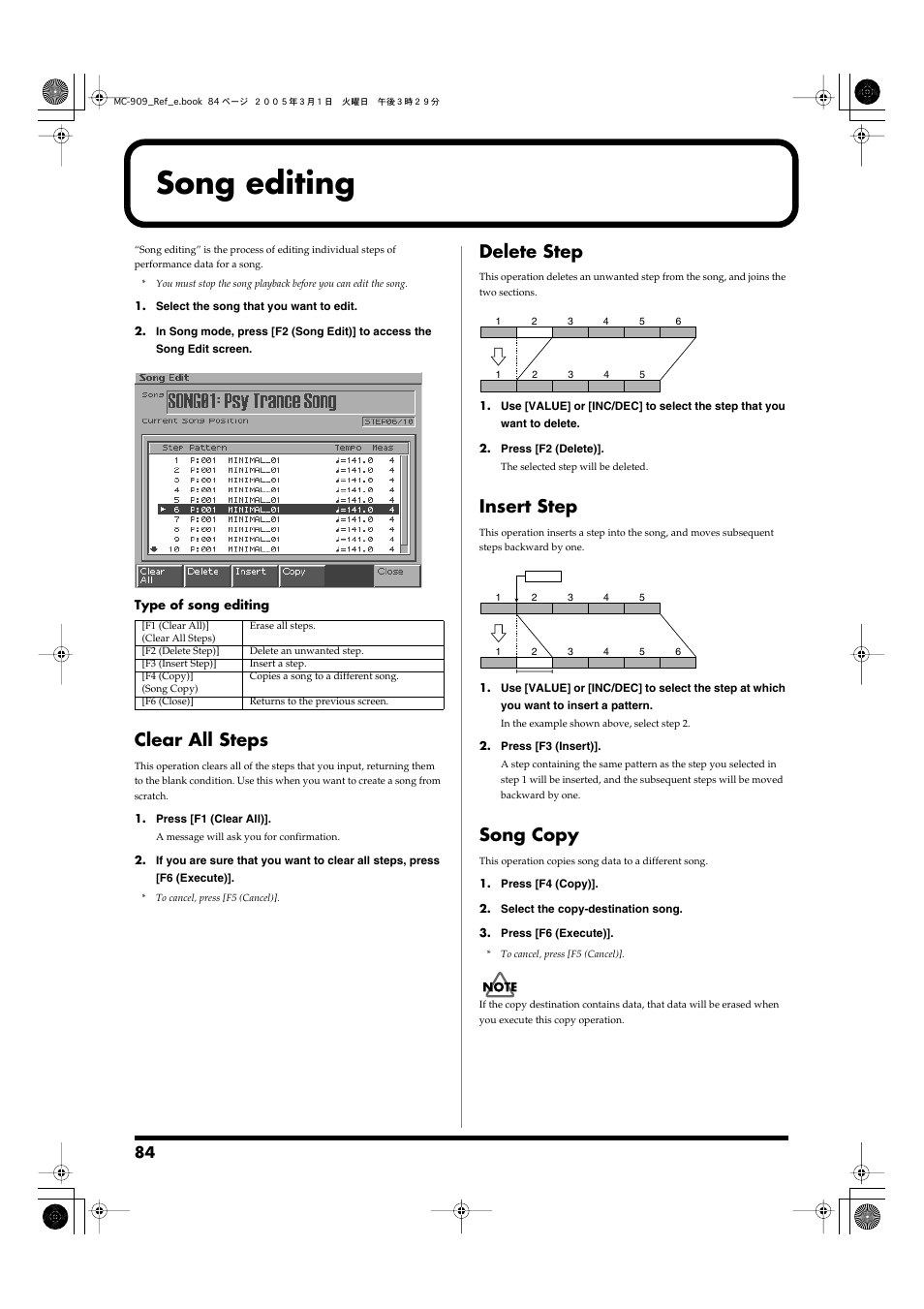 Song editing, Clear all steps, Delete step | Insert step, Song copy, Clear all steps delete step insert step song copy, Edit the settings of the song (p. 84) | Roland MC-909 User Manual | Page 84 / 180