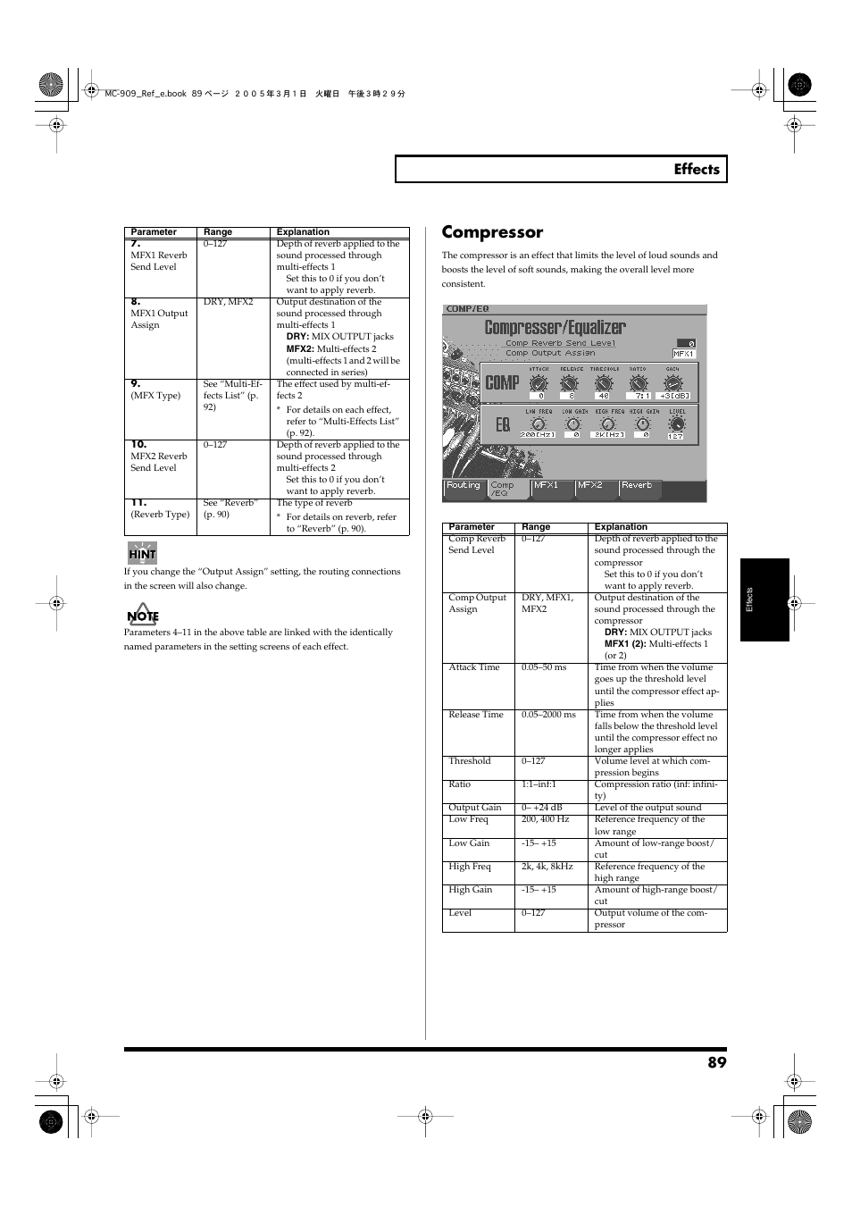 Compressor, Compressor settings (p. 89), 89 effects | Roland MC-909 User Manual | Page 89 / 180