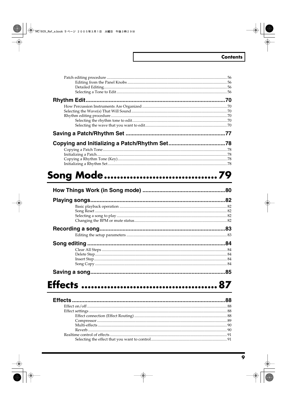 Song mode, Effects | Roland MC-909 User Manual | Page 9 / 180