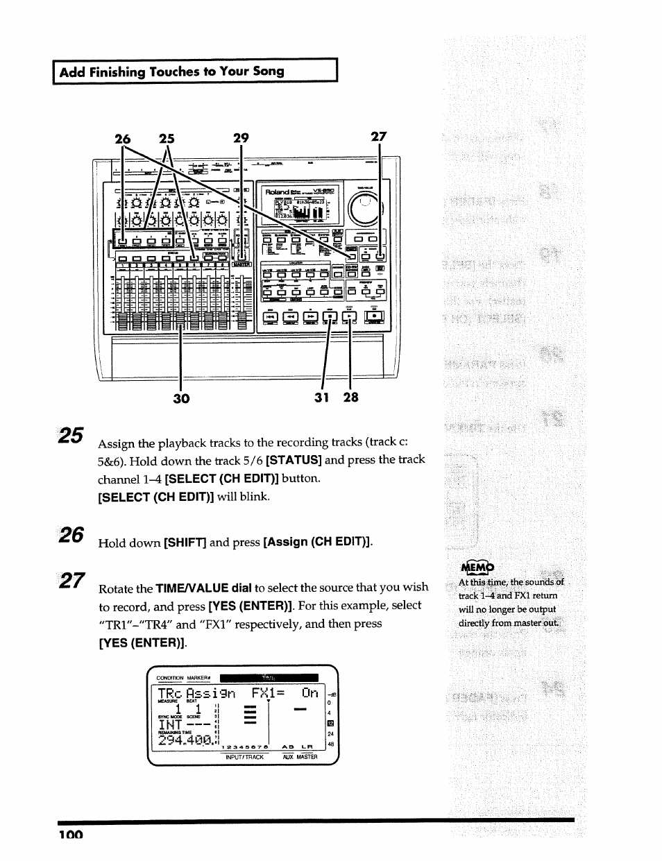 Status, Select (ch edit), Shift | Assign (ch edit), Timea/alue dial, Yes (enter) | Roland 24 bit Digital Studio Workstation VS-890 User Manual | Page 100 / 148