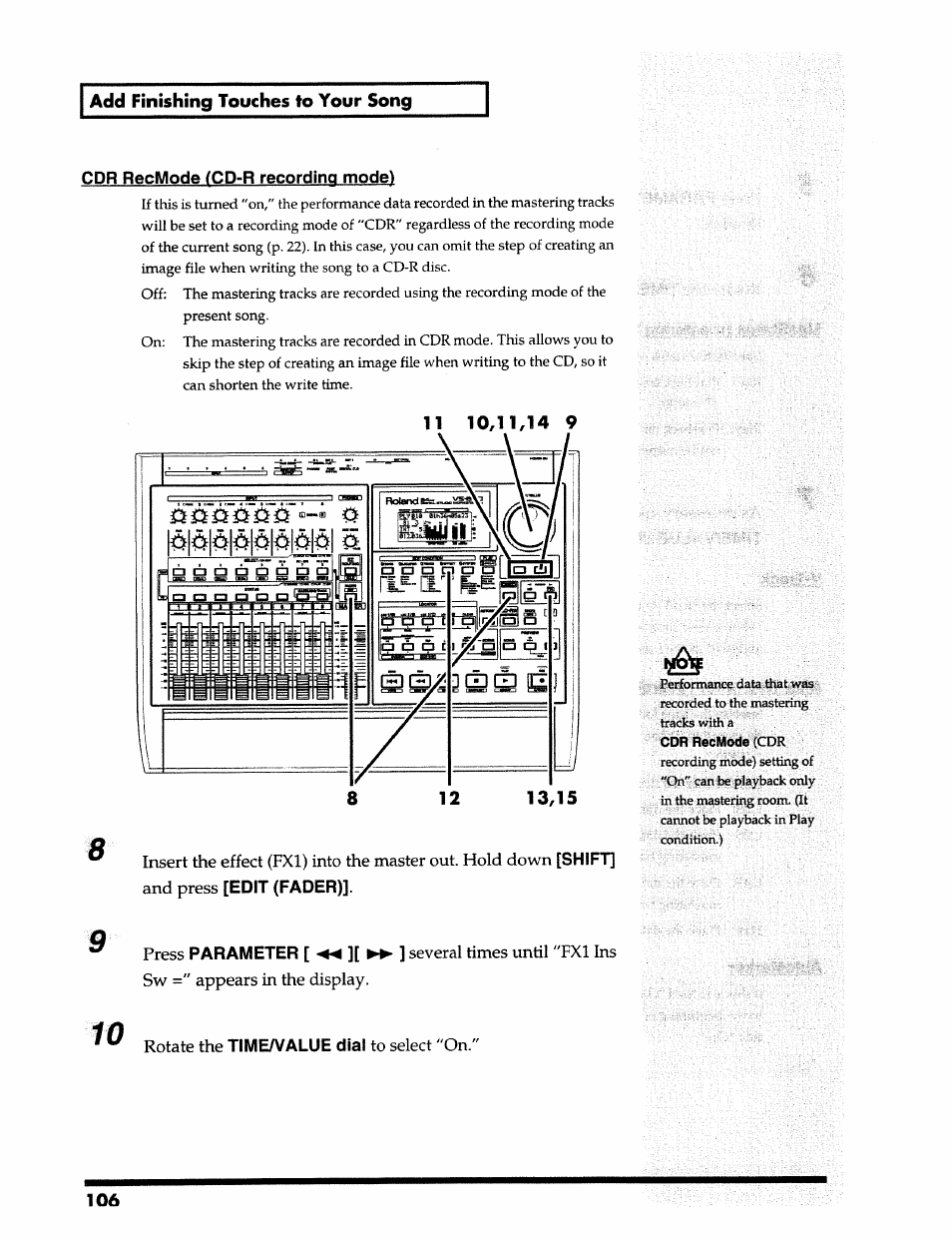 Add finishing touches to your song, Cdr recmode fcd-r recording mode, Shift | Edit (fader), Parameter, Time/value dial, And press, Press | Roland 24 bit Digital Studio Workstation VS-890 User Manual | Page 106 / 148