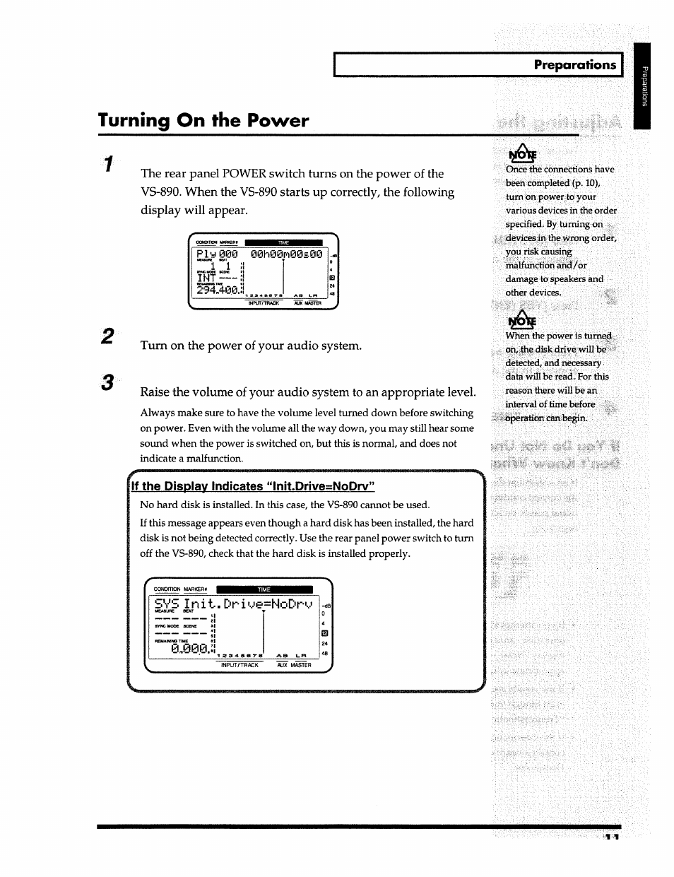 Turning on the power, Preparations, If the display indicates “lnit.drive=nodrv | Svs init.driue =nodru, 0™000.:i | Roland 24 bit Digital Studio Workstation VS-890 User Manual | Page 11 / 148