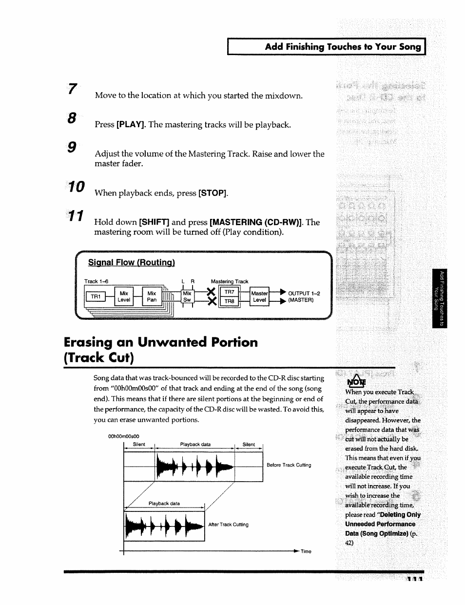 Erasing an unwanted portion (track cut), Add finishing touches to your song, Play | Stop, Shift, Mastering (cd-rw) | Roland 24 bit Digital Studio Workstation VS-890 User Manual | Page 111 / 148