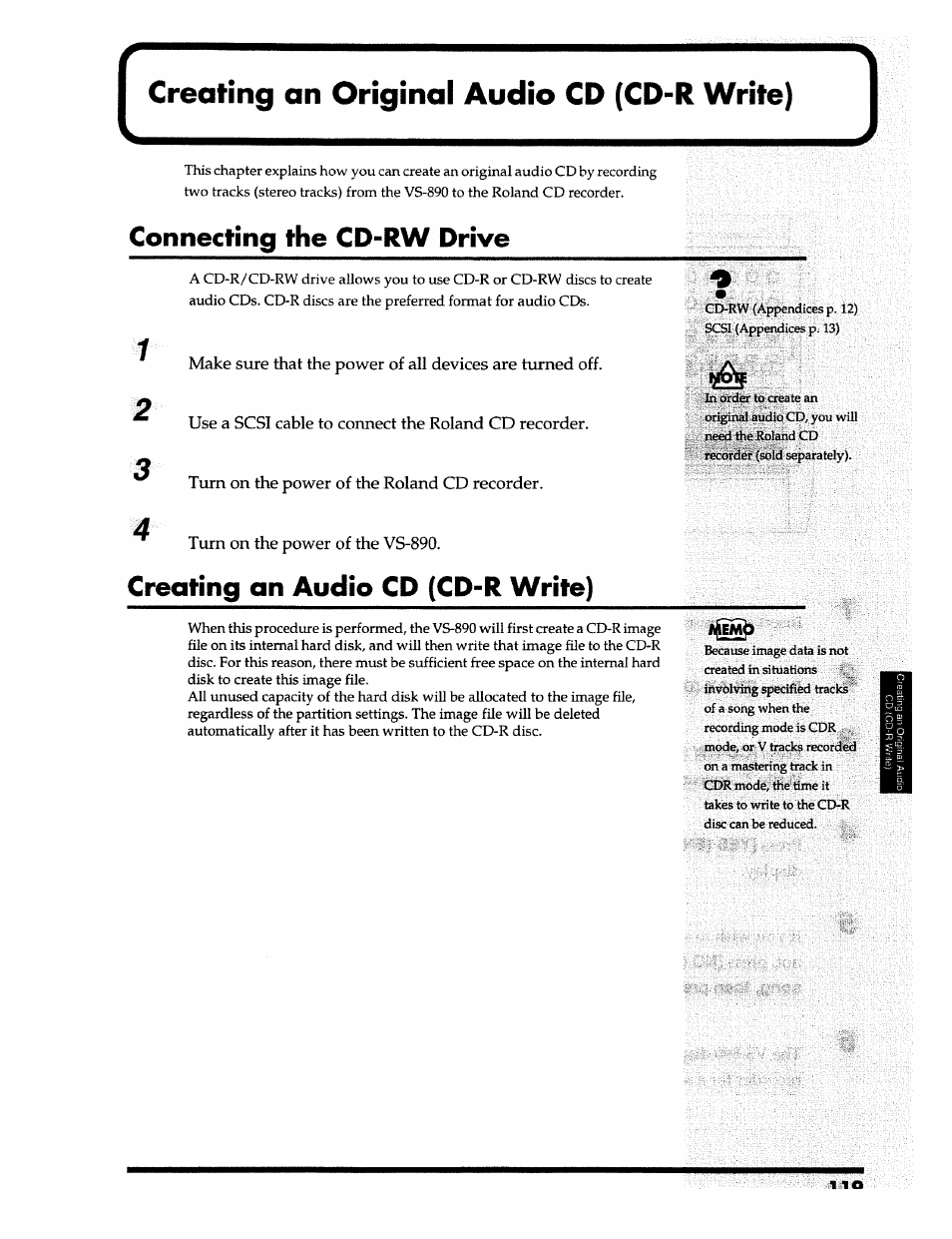 Creating an original audio cd (cd-r write), Connecting the cd-rw drive, Creating an audio cd (cd-r write) | 1 lo, Turn on the power of the vs-890 | Roland 24 bit Digital Studio Workstation VS-890 User Manual | Page 119 / 148