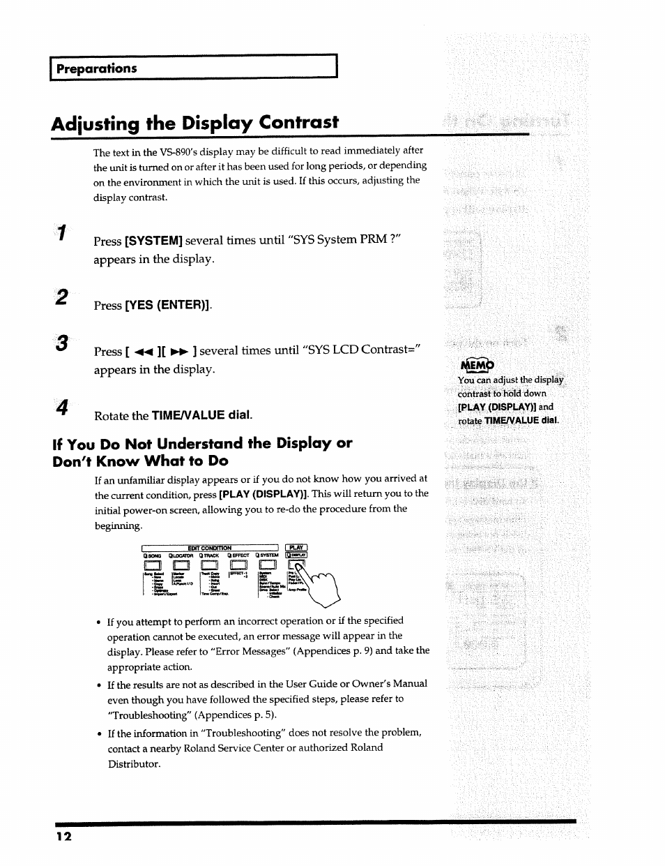 Adfusting the display contrast, Adjusting the display contrast, Preparations | System, Yes (enter), Time/value dial | Roland 24 bit Digital Studio Workstation VS-890 User Manual | Page 12 / 148