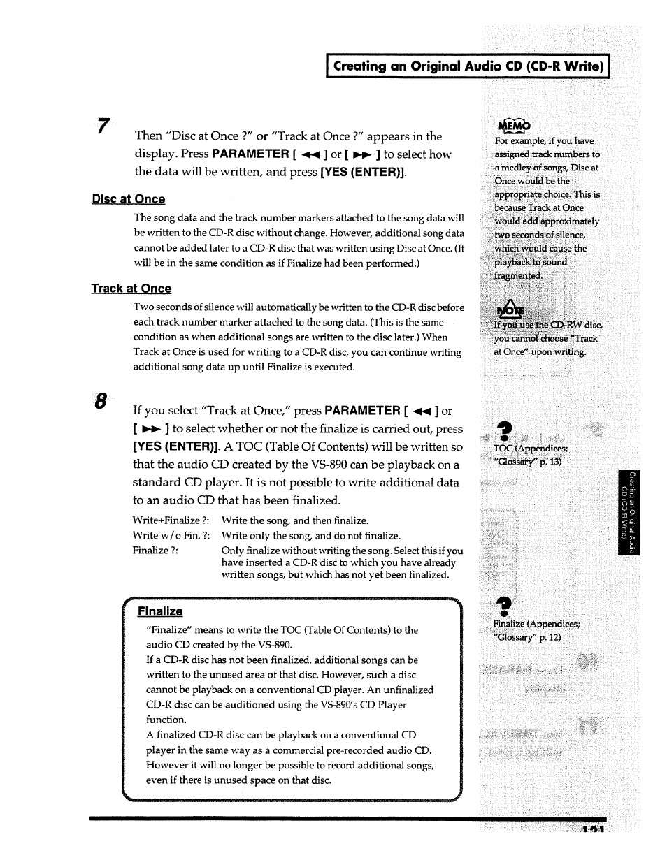 Creating an original audio cd (cd-r write), Parameter, Yes (enter)]. disc at once | Track at once, Yes (enter), Finalize, If you select "track at once," press | Roland 24 bit Digital Studio Workstation VS-890 User Manual | Page 121 / 148