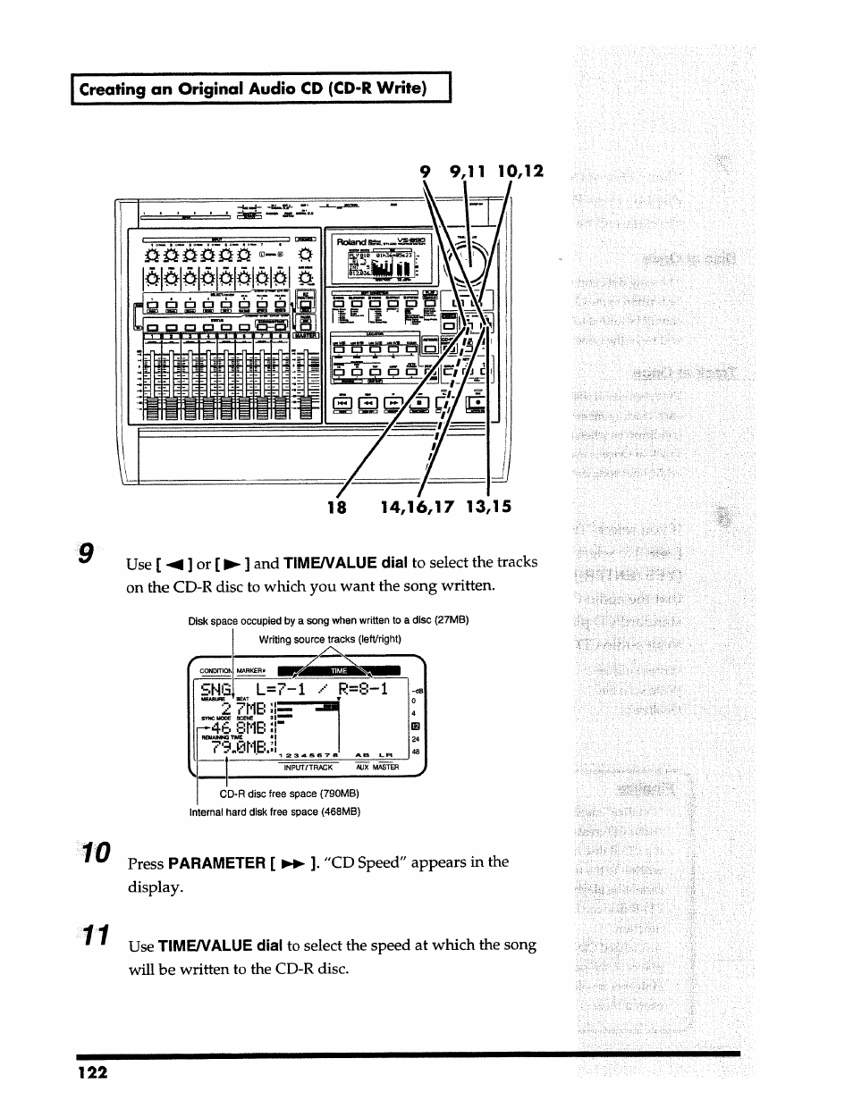 Creating an original audio cd (cd-r write), Time/value dial, Parameter | Timea^alue dial, I:: • a | Roland 24 bit Digital Studio Workstation VS-890 User Manual | Page 122 / 148