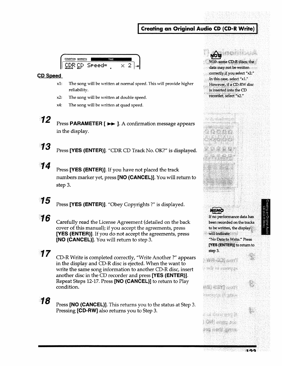 Creating an original audio cd (cd-r write), Cdrcd speed, Cd speed | Parameter, Yes (enter), No (cancel), Cd-rw | Roland 24 bit Digital Studio Workstation VS-890 User Manual | Page 123 / 148