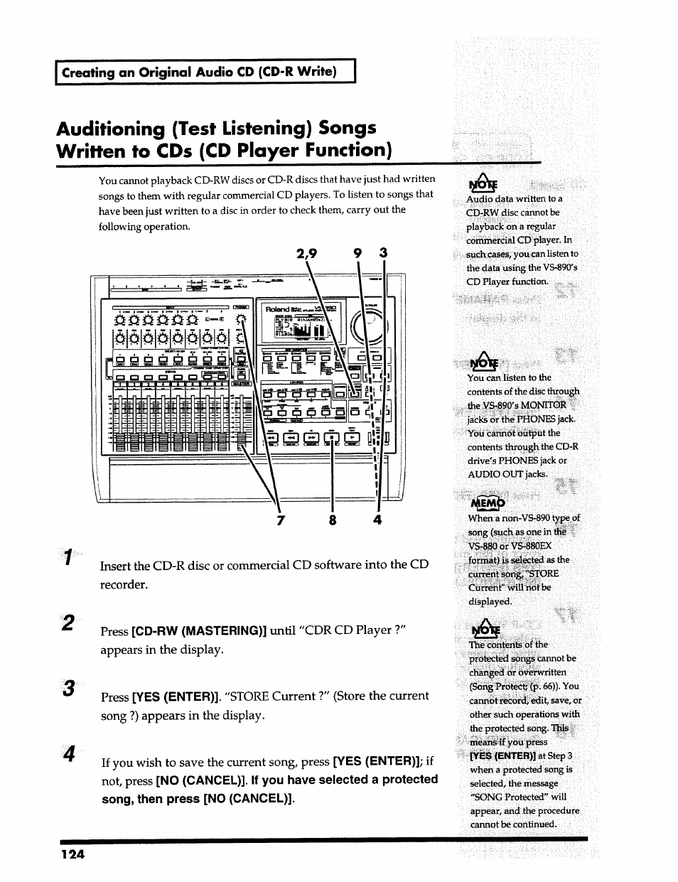 Creating an original audio cd (cd-r write), Iodsdsoociool, Cd-rw (mastering) | Yes (enter) | Roland 24 bit Digital Studio Workstation VS-890 User Manual | Page 124 / 148