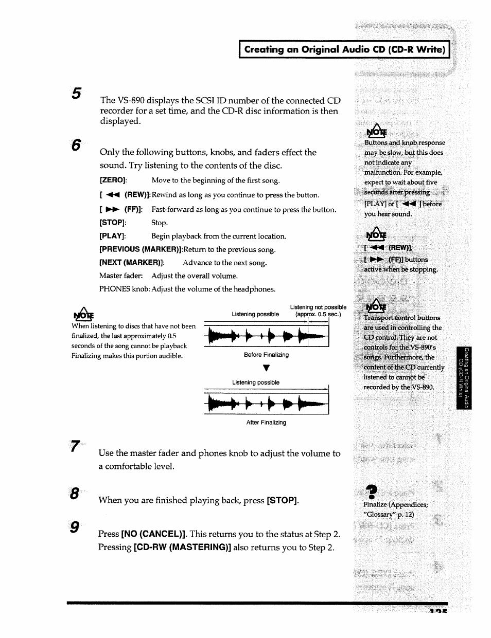 Creating an originai audio cd (cd-r write), No (cancel), Cd-rw (mastering) | 1 ne, Zero, Rew), Stop, Play, Previous (marker), Next (marker) | Roland 24 bit Digital Studio Workstation VS-890 User Manual | Page 125 / 148