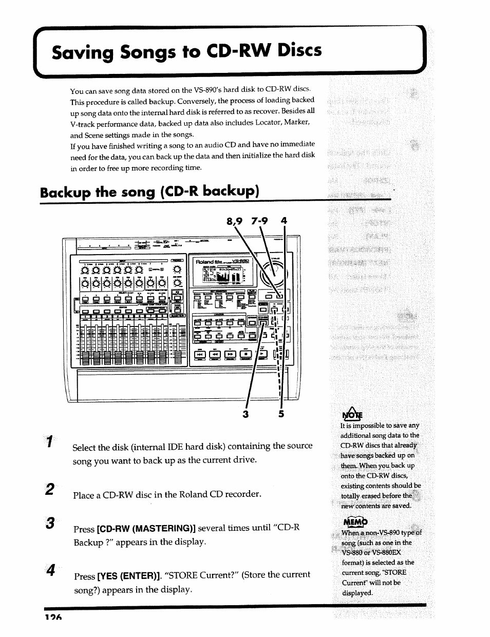 Saving songs to cd-rw discs, Backup the song (cd-r backup), Cd-rw (mastering) | Yes (enter) | Roland 24 bit Digital Studio Workstation VS-890 User Manual | Page 126 / 148