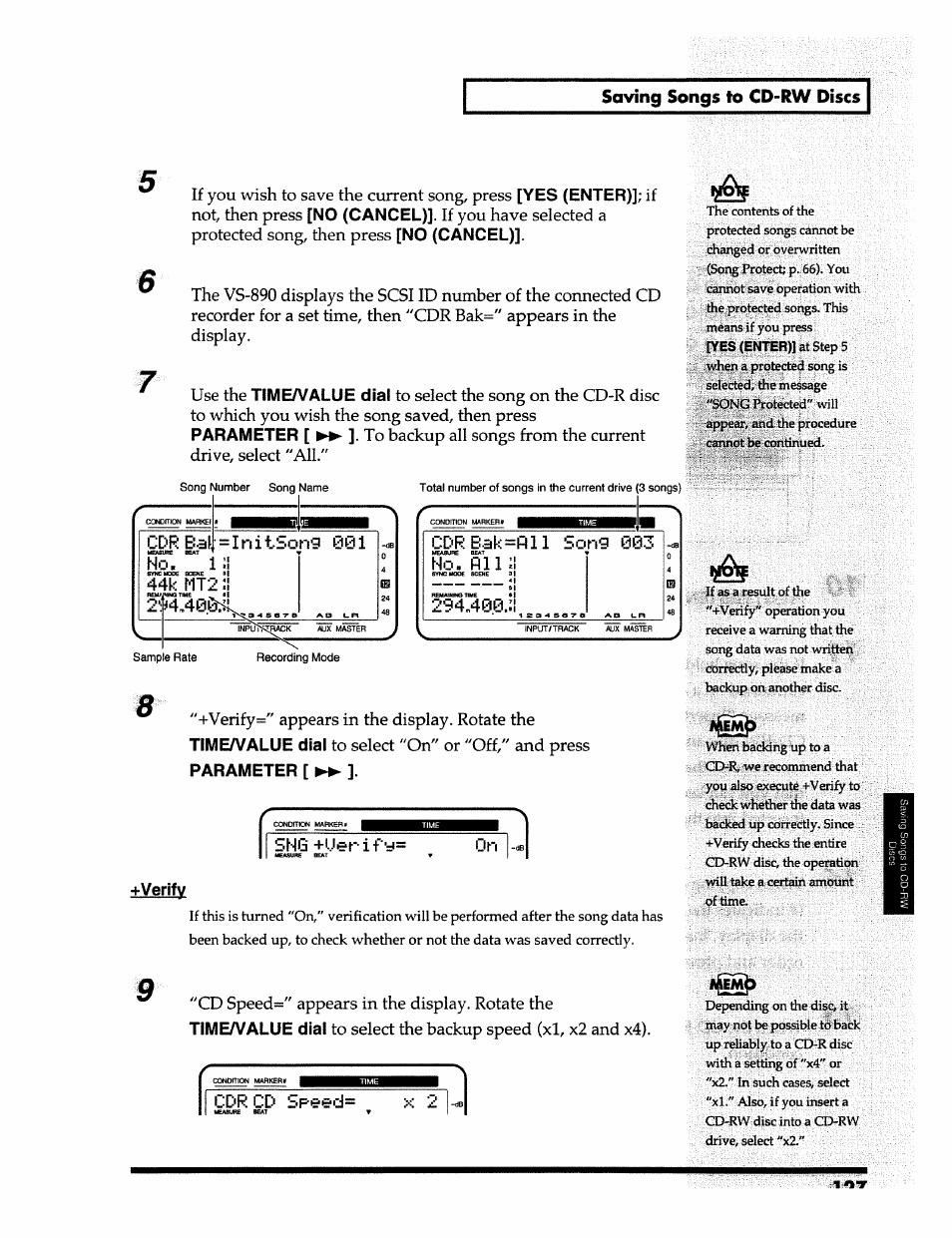 Saving songs to cd-rw discs, Yes (enter), No (cancel) | Time/value dial, Parameter, Cdr bal, Cdrb.3k=fill son9 00, No. fill ii, Sn8 +uerify, Dn +verify | Roland 24 bit Digital Studio Workstation VS-890 User Manual | Page 127 / 148